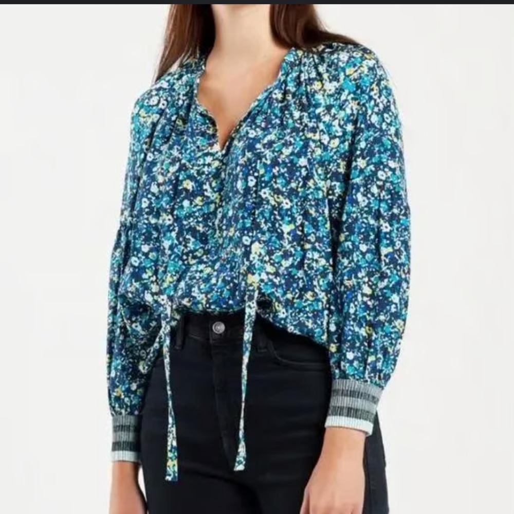Marie Oliver 100% Silk Women's Size M Blouse rixie floral blue and yellow